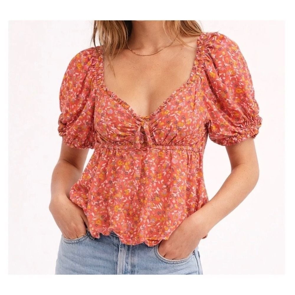 Billabong Boho floral Puff Sleeve Smocked Peplum Top Coral Pink Cottagecore L